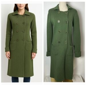 Vintage L.K. Bennett Green Knit Wool Long Double Breasted Coat with collar
